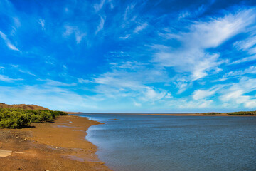 The mangrove-lined mouth of the Harding River, near Cossack in the remote Pilbara region of Western Australia
