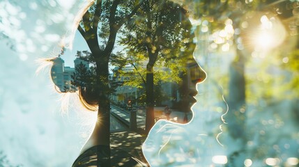 Double exposure of woman's silhouette and nature, blending human and nature elements. Perfect for artistic, environmental, and conceptual themes.