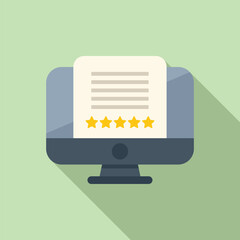 Flat vector graphic of a computer monitor displaying a document with a fivestar rating, indicating positive feedback