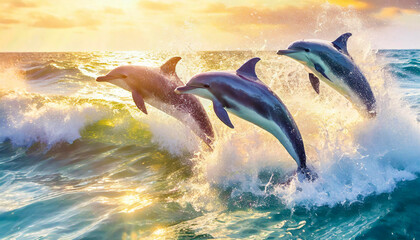 a group of cute dolphins jumping out of the water and playing on the sea waves. Generative AI