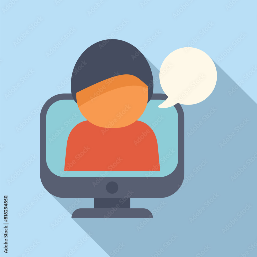 Poster flat design icon illustrating a person on a computer screen with a speech bubble indicating online c