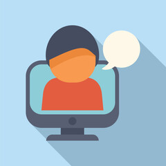 Flat design icon illustrating a person on a computer screen with a speech bubble indicating online chat