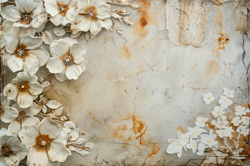 White flowers embellish a textured shabby chic paper backdrop with rustic appeal and a hint of vintage sophistication