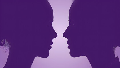 Two womans silhouettes on purple background, symmetrically gazing at each other
