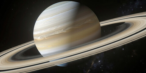 Ethereal Saturn: Rings' Golden and White Bands Against Vast Black Vacuum