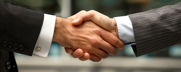 Obraz premium Business handshake between two professionals in formal attire, symbolizing partnership, agreement, and teamwork in a corporate setting.