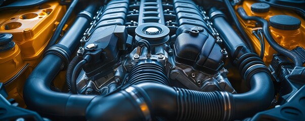 Wide panoramic shot of a modern car engine bay