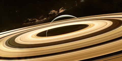 Ethereal Saturn: Rings' Golden and White Bands Against Vast Black Vacuum
