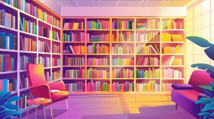 rows of colorful books on shelves in cozy library interior concept illustration