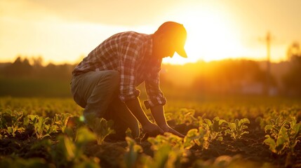 Obraz premium Diligent Farmer from Diverse Background Working in Field at Sunrise 