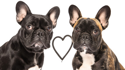 Two French Bulldogs in a Heart-Shaped Frame isolated on a transparent background