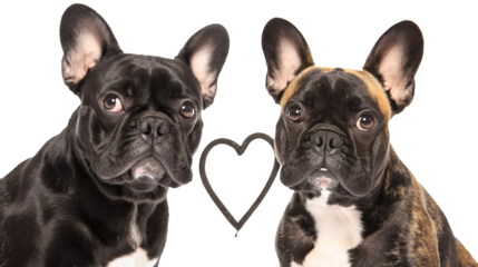 Two French Bulldogs in a Heart-Shaped Frame isolated on a transparent background