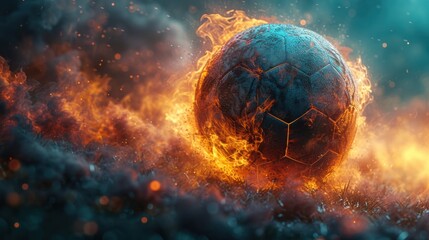 Fiery Soccer Game - A glowing soccer ball amidst fiery sparks, symbolizing intense game action.