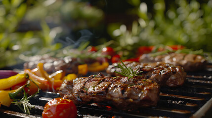 A modern grill sizzles with succulent meat and vibrant vegetables outdoors, captured in a mouthwatering closeup that highlights the delicious flavors of outdoor cooking