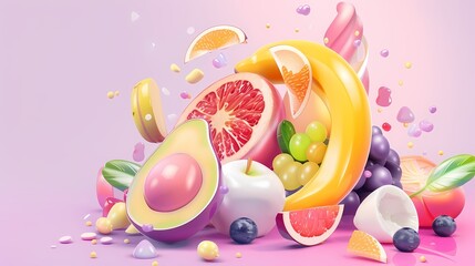 A vibrant splash of fresh fruits on a pink backdrop