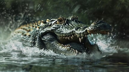 Fototapeta premium menacing saltwater crocodile lurking in murky waters showcasing its fierce predatory nature digital painting