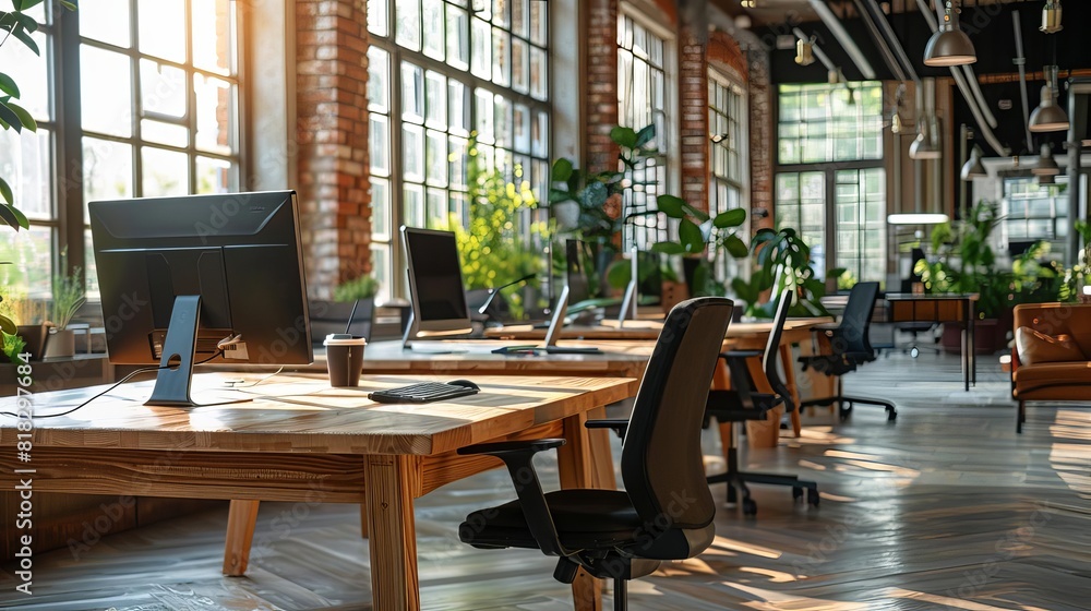 Poster modern wooden coworking office interior with row of desks and computers bright and spacious workspac