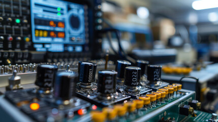 Close-up image of an electronics circuit board with various components and digital displays in a technical environment.