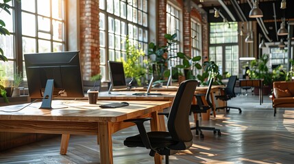 modern wooden coworking office interior with row of desks and computers bright and spacious workspace design panoramic window view
