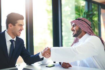 Arab, businesspeople and happy with handshake in office, recruitment and muslim employee for...