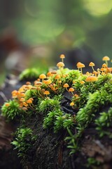A detailed capture of moss and tiny mushrooms growing on a fallen log, emphasizing the richness of forest life.