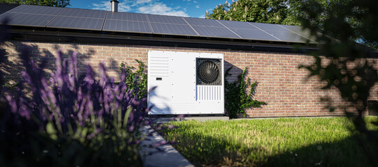 A brick building with solar panels and a heat pump. In the foreground, flowers  in the background, a lawn and trees. Eco-friendly solutions in a modern home. 3d render © guteksk7
