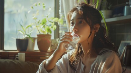 Fototapeta premium happy young woman drinking pure water on her bedroom.