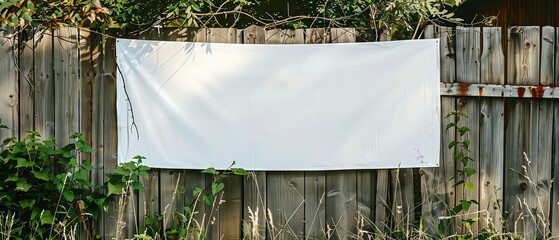 Blank white banner hanging on a fence, ideal for custom text or promotional messages.