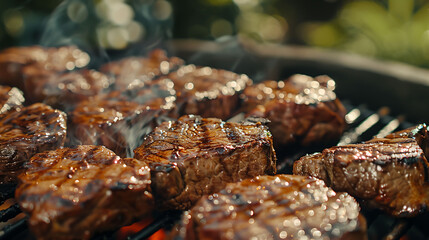 A sizzling barbecue garden grill adorned with succulent beef steaks, captured in a tantalizing close-up that evokes the mouthwatering aroma of outdoor cooking. Keywords Barbecue grill, Beef steaks, 