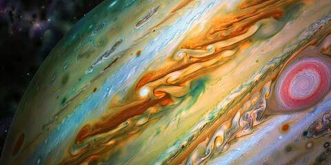 A colossal, vibrantly-hued gas giant dwarfs the surrounding landscape, its ethereal clouds swirling with mesmerizing beauty.