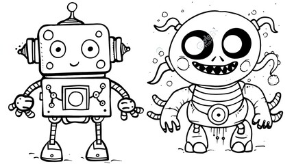Black and white illustration of a cute cartoon robot and a monster. Simple line art style. Concept of robotics and imagination. Design for coloring book, poster, and print.