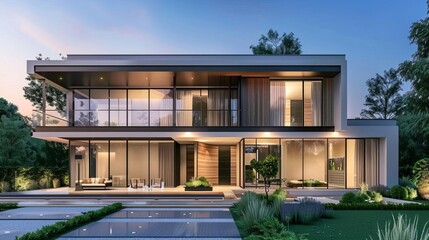 luxurious modern villa exterior at sunset minimalist architecture 3d rendering