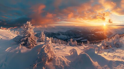 majestic sunset over snowy mountain landscape with dramatic sky winter scenery panorama