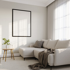 A1 poster mock up, 3d render, beige room with sofa and decor