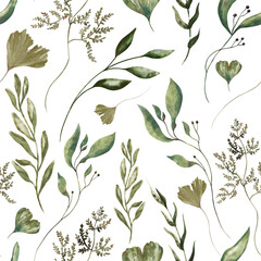 Pattern with watercolor flowers. Wildflowers watercolor flowers. Watercolor herbs, branch with leaves.