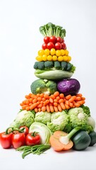 Various vegetables in shape of pyramid on white background.