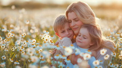 Against the background of a chamomile field, a young and beautiful mother gently hugs her young children. The concept of Mother's Day, family, love and caring for children.