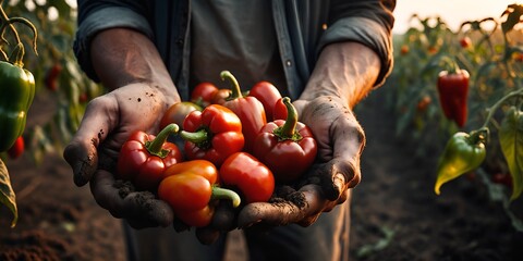 Harvest. Hands with red bell peppers vegetable against field