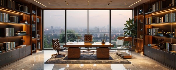A stylish executive office with a large desk, bookshelves, and a panoramic window view