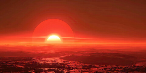 Fototapeta na wymiar The vermilion sun slowly sinks, bathing the rust-colored Martian landscape in a cozy embrace.