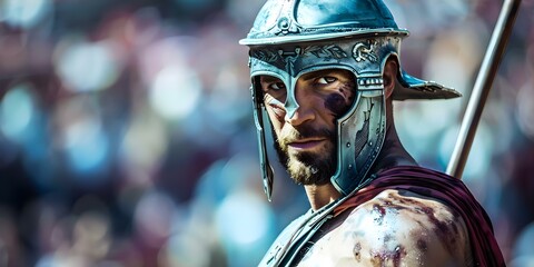 Intense portrayal of a gladiator in the Colosseum during a Roman entertainment spectacle. Concept...