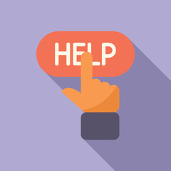 Graphic illustration of a hand pressing a bright help button on a purple background