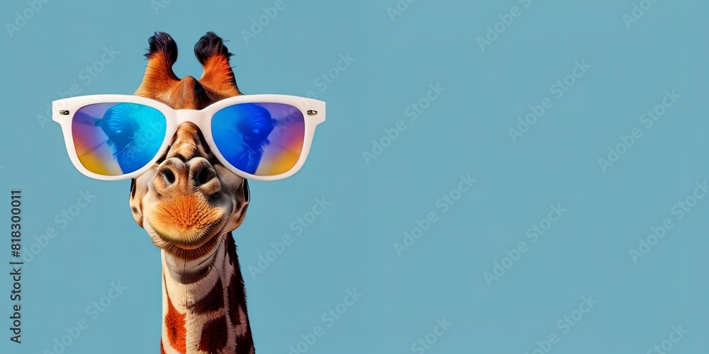 Wall mural Portrait of a illustration cute giraffe wearing glasses to welcome the summer holidays. Cute giraffe looking cool wearing bright yellow tinted blue sunglasses on a blue background