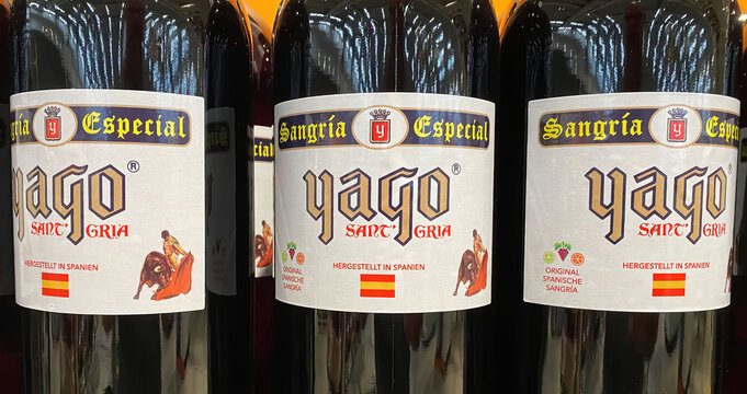Viersen, Germany - May 9. 2024: Closeup of bottles Yago spanish sangria wine in shelf of german store