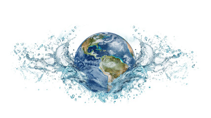 Water splash with Earth planet isolated on a transparent background