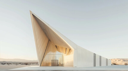 A minimalist church in white and beige tones, designed elongated shape with sharp edges and a large triangular roof that stands out against the clear sky. - Powered by Adobe