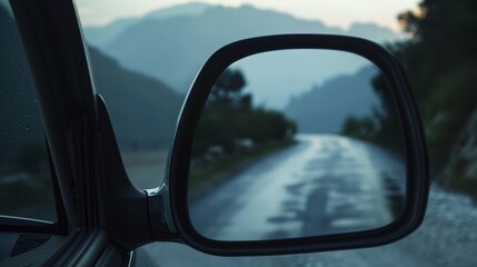 Fototapeta premium Rearview mirror reflecting a winding mountain road at sunrise, highlighting the serene landscape and natural beauty of the journey ahead.