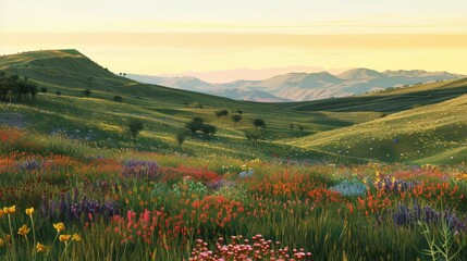 Serene mountain landscape with vibrant wildflowers in bloom under a golden evening sky, ideal for nature and travel photography.