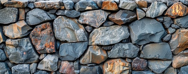Fototapeta premium A seamless stone wall texture with varied shapes close up, focus on, copy space Natural and rugged Double exposure silhouette with stones