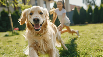 A girl is playing with a golden retriever in a grassy field